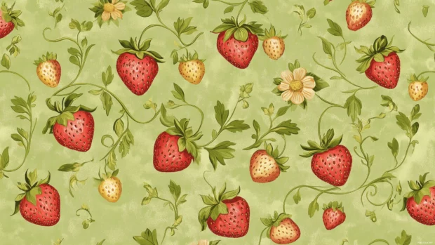 Botanical strawberry design, pastel green background, detailed vines, flowers, vintage elegant style.