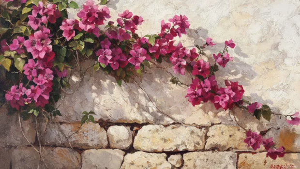 Bougainvillea over stone wall.