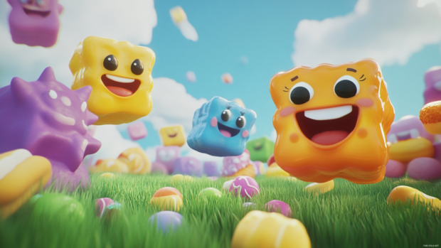Bouncing trippy letters and grinning snacks rolling across a cartoon grass field.