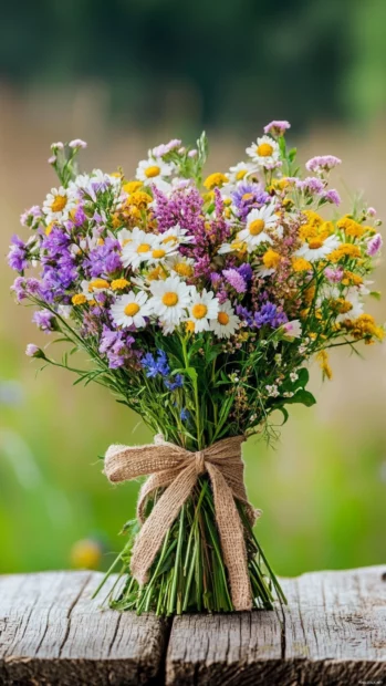 Bouquet of wildflowers tied with a rustic ribbon on a wooden table.