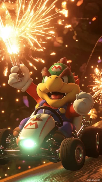 Bowser Jr launches fireworks while crossing a midnight finish line in Mario Kart.