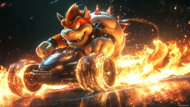 Bowser dominating a sharp curve with flame trails on his kart in this intense Mario Kart Wallpaper.