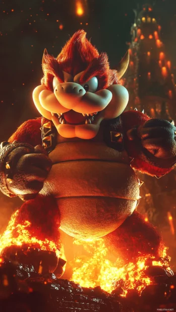 Bowser roaring fiercely from his lava filled castle, an intense Super Mario challenge.