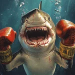 Boxer shark with gloves and victory belt underwater.