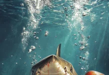 Boxer shark with gloves and victory belt underwater.