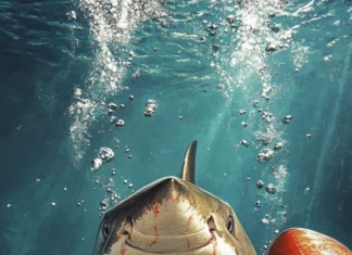 Boxer shark with gloves and victory belt underwater.