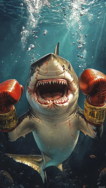 Boxer shark with gloves and victory belt underwater.