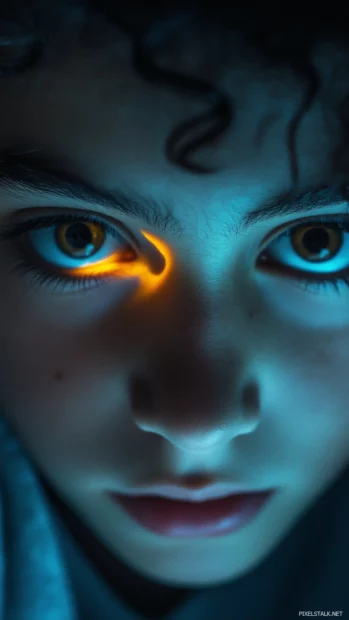 Boy face close up, glowing smartphone light, dimly lit room.