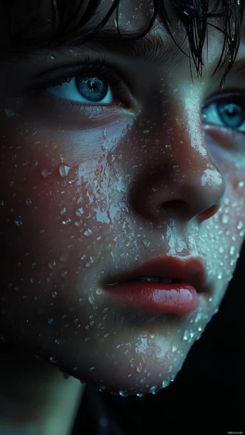 Boy face close up, hoodie partially covering, glowing blue eyes, moody background.