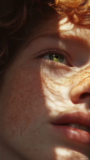 Boy face with freckles, green eyes, playful smirk, sunlight highlighting features close up.