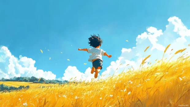 Boy in anime style running through summer field.