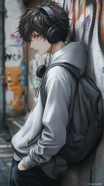 Boy in gray hoodie with hood up, leaning against graffiti covered wall, headphones around neck.