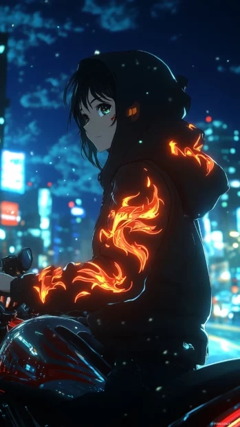 Boy in hoodie with flames, seated on motorcycle, city skyline and night sky behind.