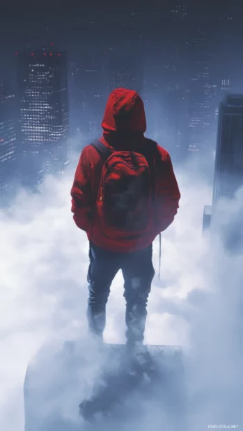 Boy in red hoodie drifts through clouds of urban fog, hands in pockets.
