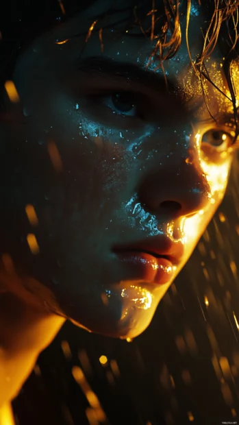 Boy portrait close up drenched in rain, cheeks glistening with water under soft light.