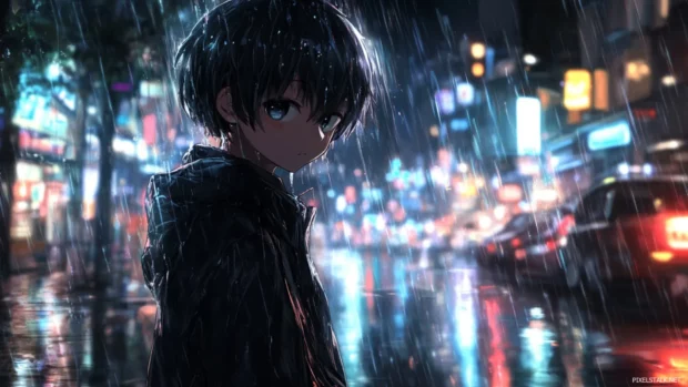 Boy standing in the rain with neon city background in stunning detail, anime desktop wallpapers.