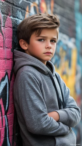 Boy wearing a hoodie, leaning against a graffiti covered wall with a thoughtful expression, in urban street style.