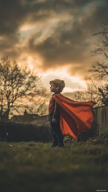 Boy wearing a superhero cape, standing proudly in a backyard as the wind blows through the fabric.
