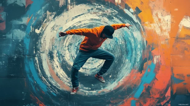 Breakdancer spinning through circular graffiti swirl.
