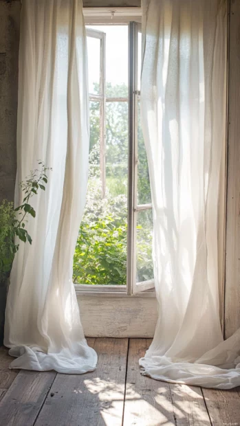 Breezy Summer Vibes drift through an open window with white curtains billowing over a rustic wooden floor.