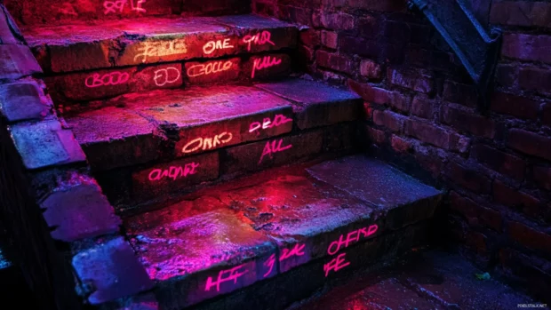 Brick steps covered in names written with neon tags.