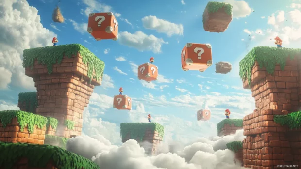 Bricks fly and clouds drift past as Mario Bros jump from platform to platform above the plains.