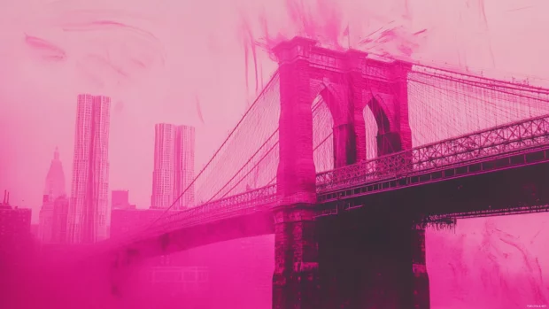 Bridge and towers outlined in misty pink graffiti strokes.