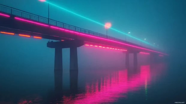 Bridge covered in thick mist and neon reflections.