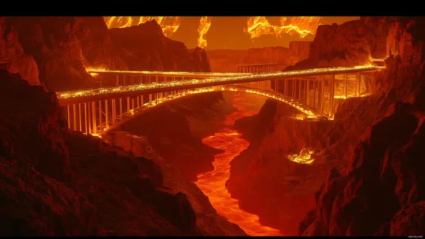 Bridge stretching across neon lit canyon.