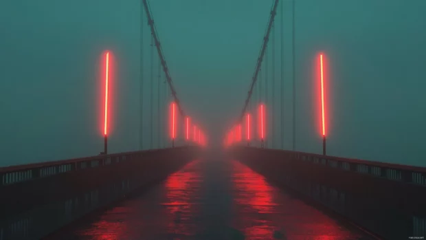 Bridge with alternating neon lights fading into fog.