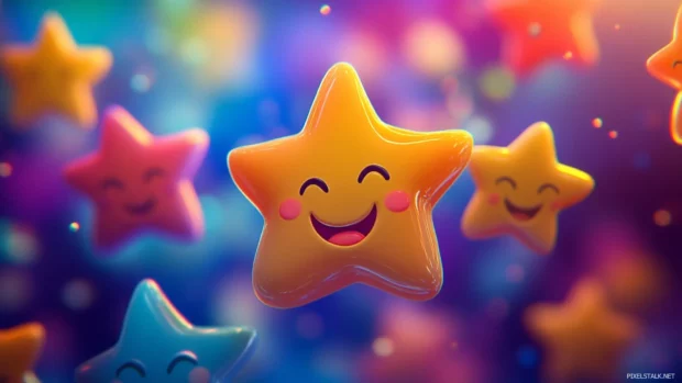 Bright Moving Cartoons wallpaper showing bouncing cartoon stars with smiling faces.