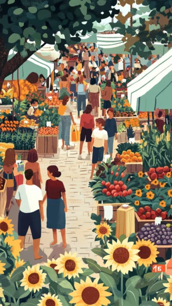 Bright Summer Vibes fill a bustling farmers market scene with fresh fruits, sunflowers and smiling faces.