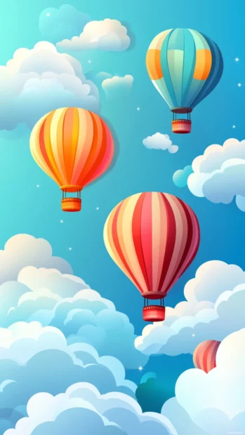 Bright Summer sky with drifting clouds and hot air balloons.