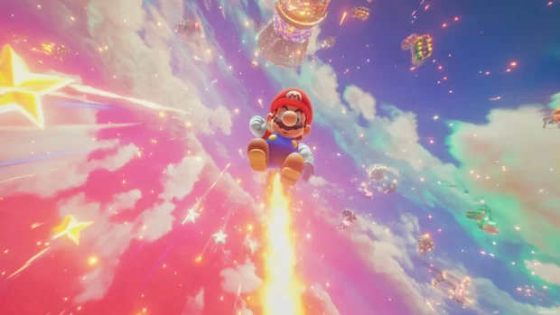 Bright and colorful Mario Star Wallpaper with Mario using a star boost to rocket through the sky.