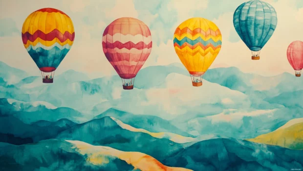 Bright and happy hot air balloons drifting above the hills, inspired by colorful nursery wallpaper design.