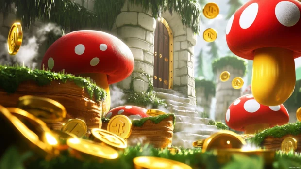 Bright and joyful Super Mario World Wallpaper showing coins, mushrooms, and secret doors.