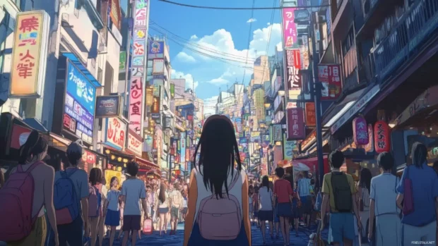 Bright anime cityscapes bustling with moving crowds and lights.