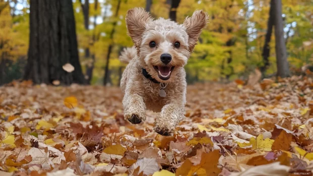 Bright autumn leaves surround the joyful puppy mid leap.