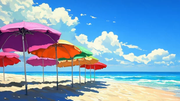 Bright beach umbrellas dotted across a sunlit shoreline.