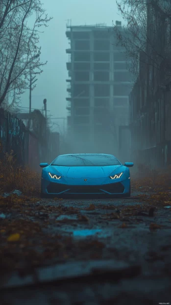 Bright blue Lamborghini appears through mist in abandoned city.