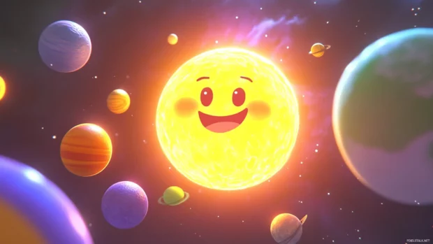 Bright cartoon planets orbit around a glowing cartoon sun.