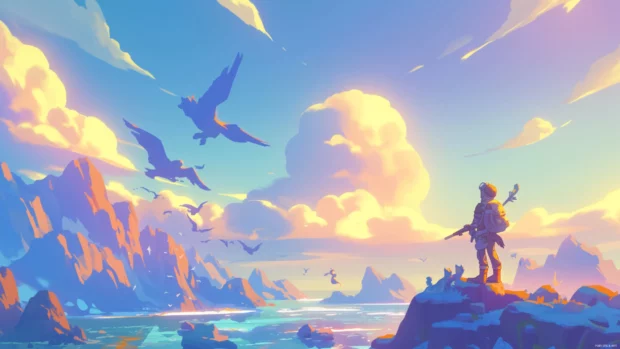 Bright cartoon wallpaper 4K for PC with pastel skies and flying companions.
