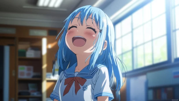 Bright classroom full of sunlight and laughter as anime girl daydreams.
