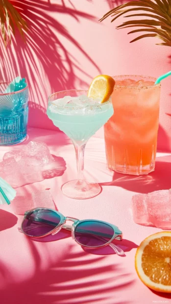 Bright cocktails and sunglasses capture Summer Vibes on a vibrant table.