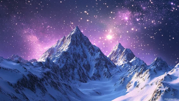 Bright constellations rising behind icy peaks.