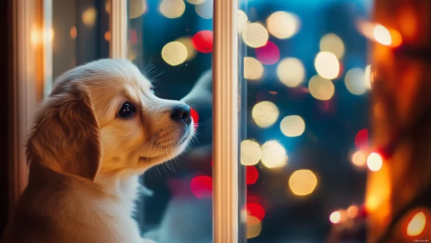 Bright holiday window with a puppy pressing its nose against the glass.