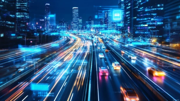 Bright holograms and electric vehicles streaming through a cyberpunk expressway.