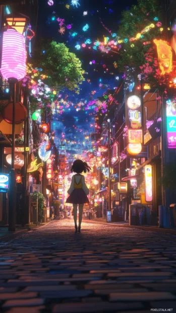 Bright lights and neon streets framing a lively anime girl wallpaper neon scene.