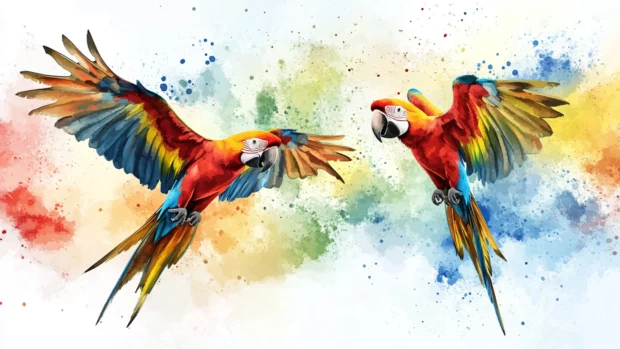 Bright macaws spreading their wings over a colorful bird watercolor background.