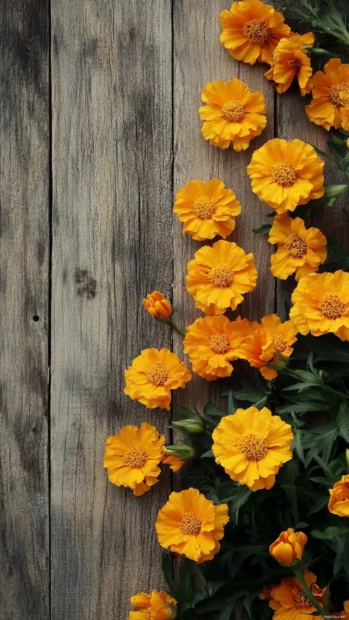 Bright marigolds arranged on a rustic wood backdrop, perfect lock screen floral vibe.